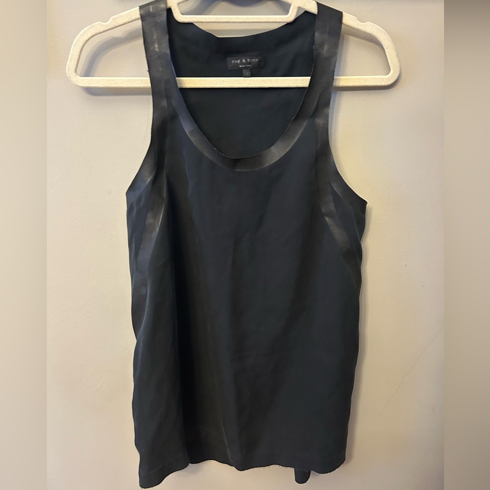 Rag & Bone Racer Back Tank Top with Faux Leather Trim Black Size Small